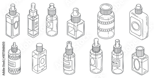 A collection of various cosmetic and essential oil bottles in clean line art vector style, suitable for branding and packaging design