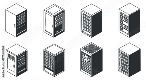 A collection of eight server cabinets in modern flat black and white vector style, suitable for technology and IT-related projects