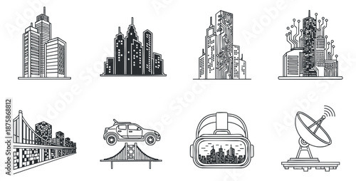 A collection of city skyline and technology-themed icons in black and white outline vector style, suitable for urban development projects and design.