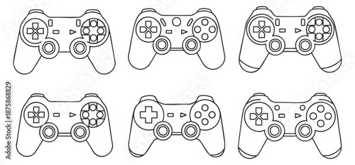 A collection of six gaming controllers in clean outline vector style, suitable for digital design and gaming projects