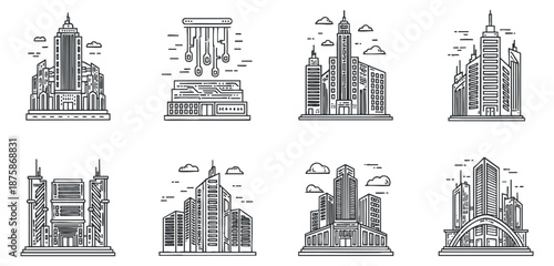A collection of urban buildings and skyscrapers in linear outline vector style, ideal for architectural design projects