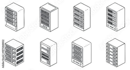 A collection of eight server illustrations in black outline vector style, suitable for technology and IT-related projects