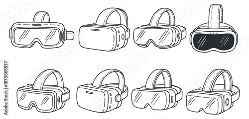 A collection of various virtual reality headsets in outline vector style, suitable for technology and gaming design projects.