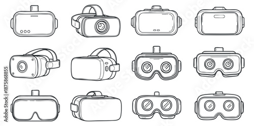 A collection of various virtual reality headsets and goggles in clean outline vector style, ideal for technology and gaming projects