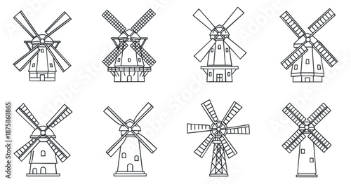 A collection of eight windmill illustrations in outline vector style, perfect for agricultural and environmental designs