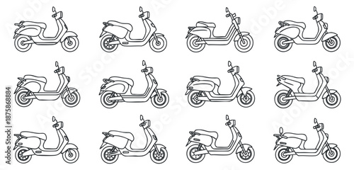 A collection of ten scooter illustrations in outline vector style, suitable for urban mobility designs and graphic projects