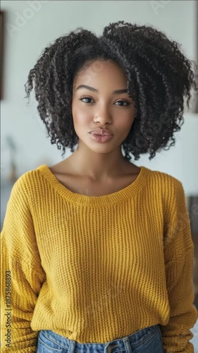 Wallpaper Mural A trendy young woman with natural black hair wearing a vibrant yellow sweater and jeans, posing for a relaxed portrait in social media style. Torontodigital.ca