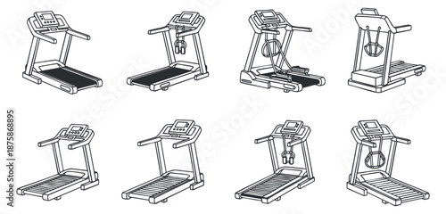 A collection of various treadmill illustrations in clean black and white outline vector style, suitable for fitness and health-related projects
