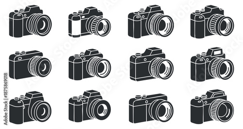 A collection of various camera icons in black and white minimalist vector style, perfect for photography-related designs