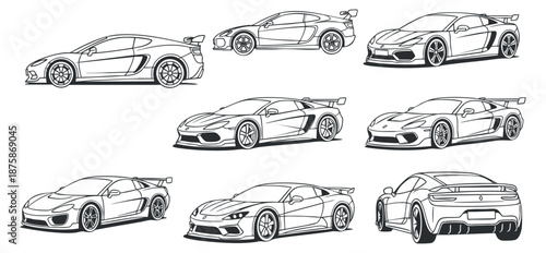 A collection of eight sports cars in sleek outline vector style, ideal for automotive design projects and racing themes