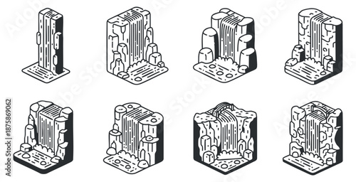 A set of stylized waterfalls with rocks and water features in black and white outline vector style, perfect for nature-themed designs