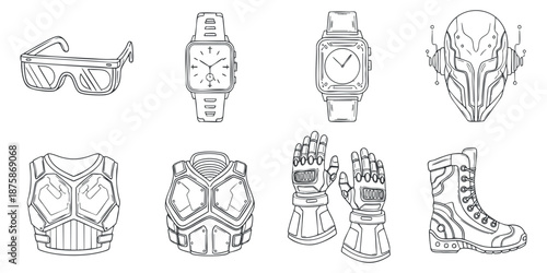 A collection of futuristic sports gear including sunglasses, watches, gloves, headgear, and boots in outline vector style, ideal for tech-themed designs