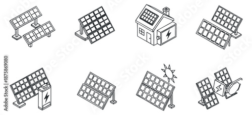 A collection of solar panels, a solar-powered house, and energy icons in minimalist outline vector style, ideal for renewable energy projects