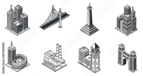 A collection of various iconic buildings and structures in black and white outline vector style, suitable for urban design projects