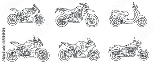 A collection of different motorcycle and scooter designs in black and white outline vector style, perfect for automotive illustrations