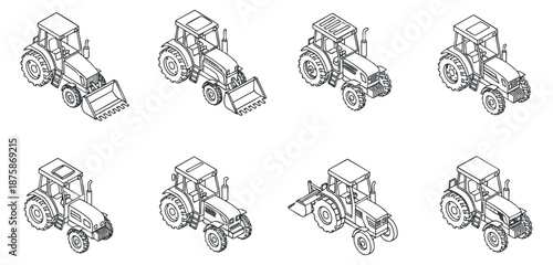 A collection of eight tractor icons in outline style, suitable for agricultural and farming-related projects