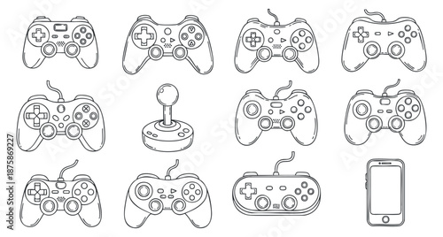 A collection of gaming controllers and joysticks in flat outline vector style, ideal for gaming-related projects and designs