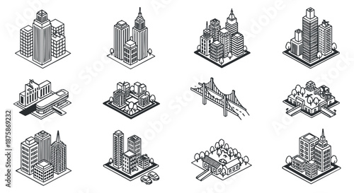 A collection of various city buildings and landmarks in minimalist black and white outline vector style, suitable for urban planning and architecture projects