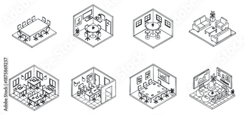 A collection of isometric office workspace designs in minimalist black and white vector style, perfect for architectural and interior design projects