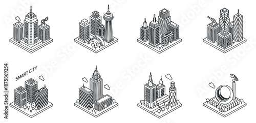 A set of smart city icons featuring modern buildings and urban infrastructure in clean outline vector style, ideal for technology and urban planning projects