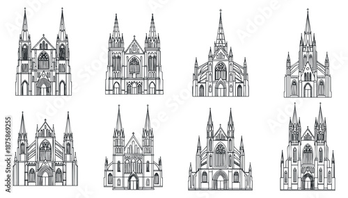 A collection of nine detailed gothic cathedral illustrations in black and white outline vector style, suitable for architectural design and cultural projects