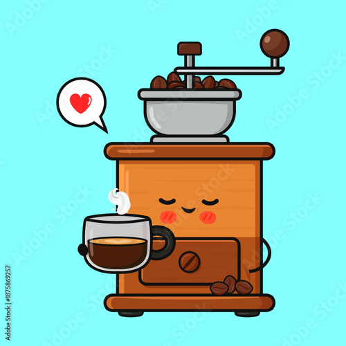 Cute coffee grinder character holding espresso cup and showing love