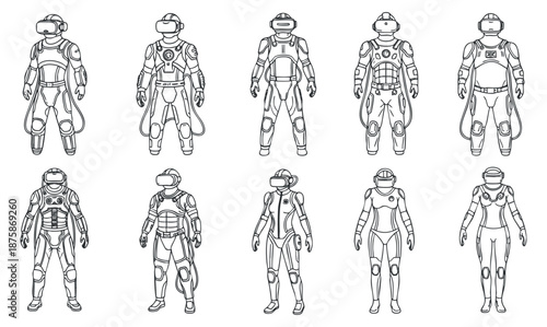 A set of astronaut characters in outline vector style, suitable for science fiction or space-themed design projects