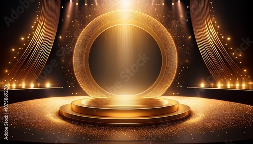 gold award ceremony stage podium soft light circular display glittering background elegant night scene