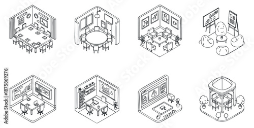 A collection of isometric office interior designs in minimalist vector style, suitable for workspace planning and design projects