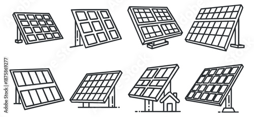 A set of solar panels in minimalist outline vector style, suitable for renewable energy projects and eco-friendly designs