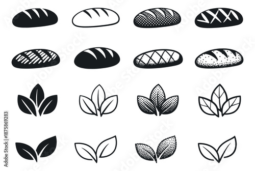 Monochrome hand drawn bakery and botanical set featuring various bread loaves and leaves for food, agriculture, and healthy lifestyle designs
