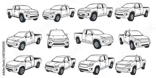A collection of pickup trucks in detailed outline vector style, perfect for automotive design and transportation themes