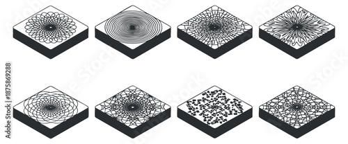 A collection of eight unique geometric patterns in black and white minimalist vector style, ideal for backgrounds or artistic projects