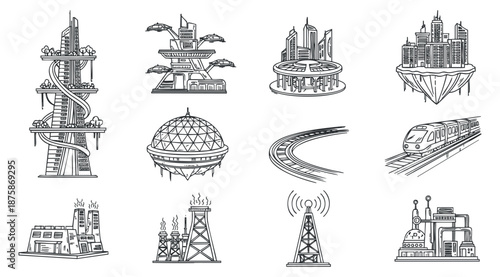 A collection of futuristic city buildings and infrastructure icons in detailed outline vector style, ideal for urban design projects