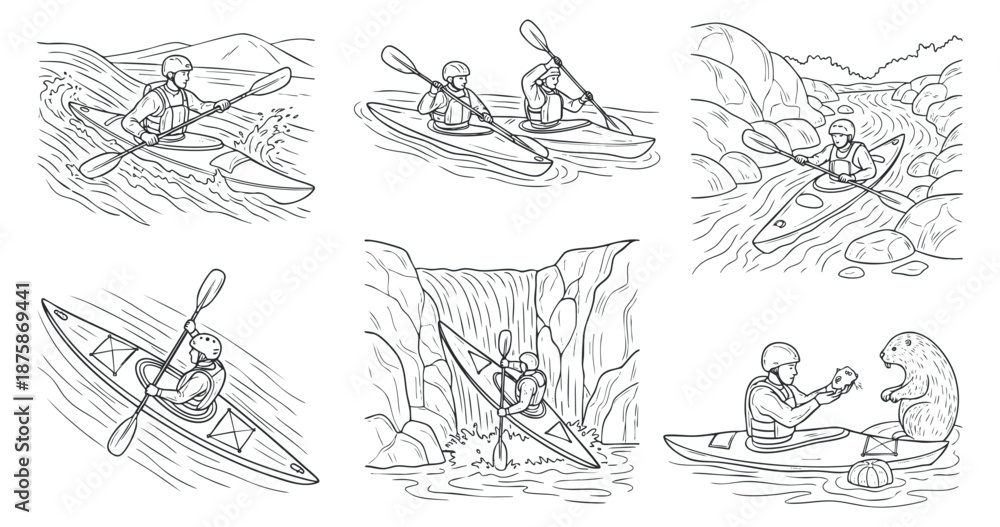 Fototapeta premium A collection of six kayaking illustrations in black and white line art style, perfect for outdoor adventure themes