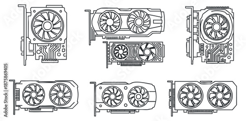 A set of six graphic cards in outline vector style, ideal for technology and gaming hardware designs