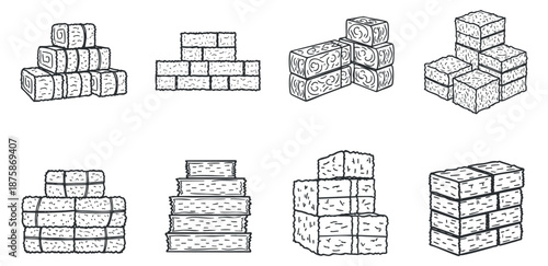 A collection of various stacked hay bales and straw in black and white outline vector style, suitable for agricultural themes and rural designs