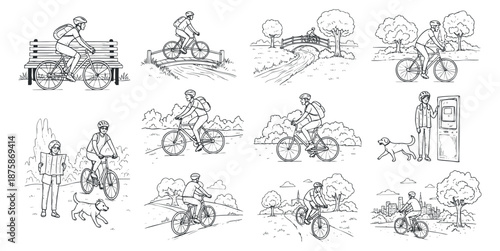 A collection of line art illustrations featuring cyclists in various outdoor settings, perfect for lifestyle and fitness designs
