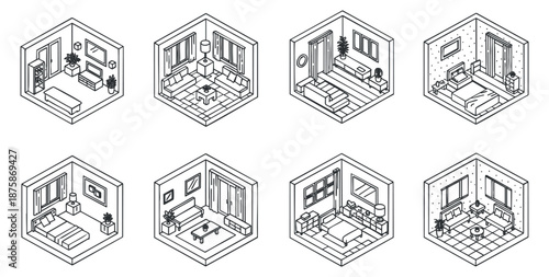 A collection of eight isometric room designs featuring modern furniture in minimalist outline vector style, ideal for interior design projects
