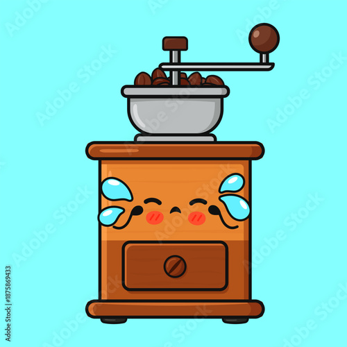Kawaii coffee grinder character crying with coffee beans