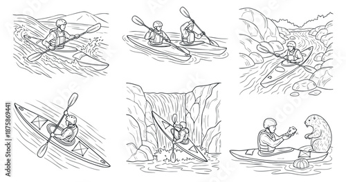 A collection of six kayaking illustrations in black and white line art style, perfect for outdoor adventure themes