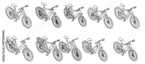 A set of various bicycle designs in simple outline vector style, suitable for transportation and fitness-themed projects