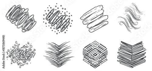 A collection of abstract line and texture designs in hand-drawn black and white vector style, perfect for creative projects and backgrounds