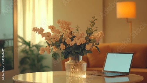 Wallpaper Mural A laptop computer on a modern coffee table, accompanied by a floral centerpiece. Torontodigital.ca