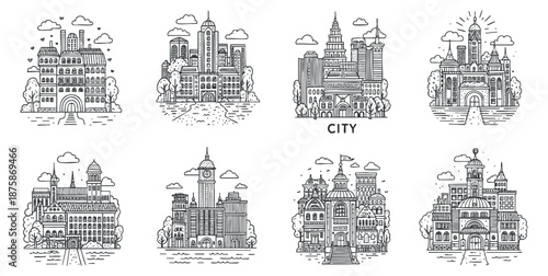 A collection of cityscape illustrations featuring various buildings and landmarks in black and white outline vector style, ideal for urban design projects