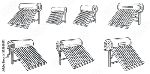 A collection of solar energy collector systems in clean outline vector style, suitable for educational and environmental projects