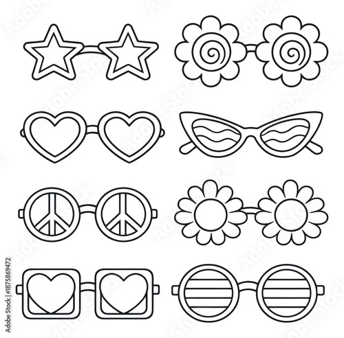 Hand drawn line art sunglasses set featuring different novelty shapes like stars, hearts, and flowers for summer parties and retro themes