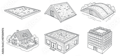 A collection of various landscape designs including houses, gardens, and roofs in minimalist line art vector style, suitable for architectural concepts and urban planning presentations