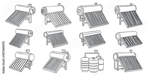 A set of solar panel systems in outline minimalist vector style, suitable for renewable energy projects and eco-friendly designs