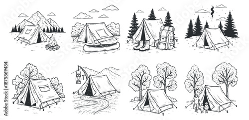 A collection of camping-themed vector illustrations featuring tents, campfires, mountains, and outdoor gear in a hand-drawn style, perfect for adventure and travel designs